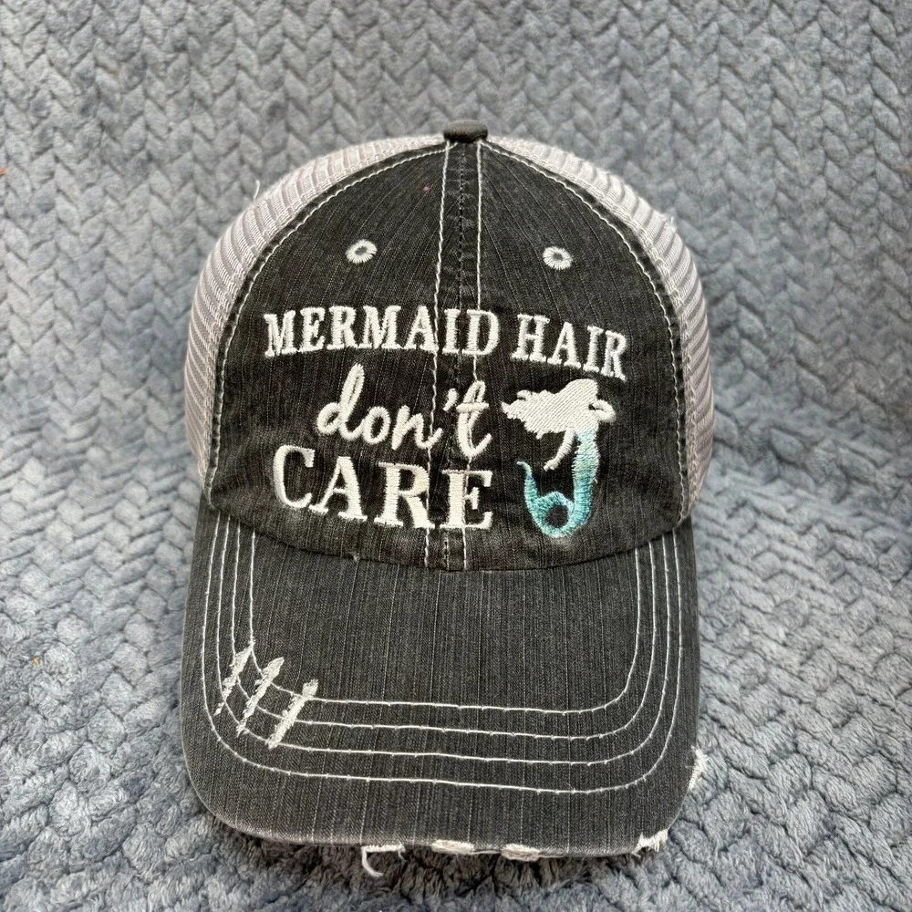 Katydid Mermaid Hair Don't Care Trucker Hat Black Grey Distressed Mesh Cap 0870
